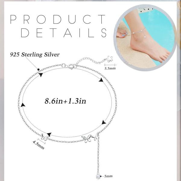 925 Sterling Silver Anklet för kvinnor, Dubbel lager Anklet Anklet Snake Chain Anklet Justerbar