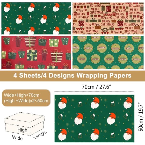 Julklappspapper, 4 st Födelsedagspapper Återvinningsbart Presentpapper med 2 Rep, 1 Dubbelhäftande Tejp, Brunt Julklappspapper