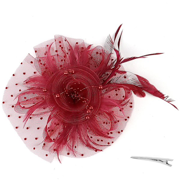 Fascinator Hatt Blomst Mesh Bånd Fjær på Hårbøyle og Klemme Teselskap Hodeplagg for Jenter og Kvinner Red