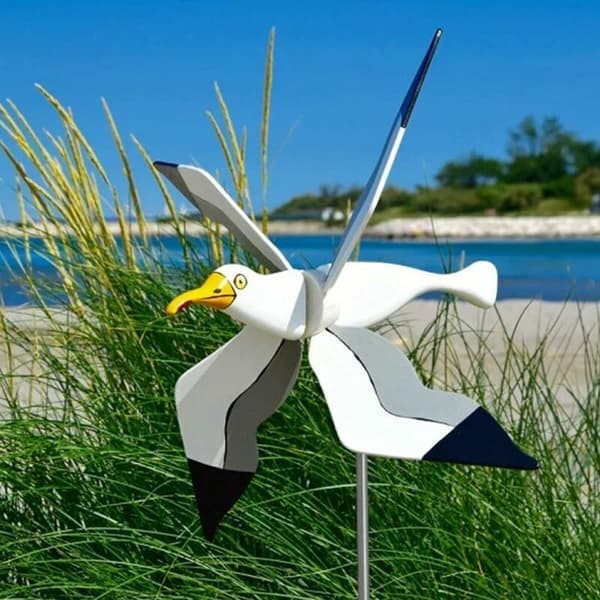 Hagehjul i resin, hvit måke, spinnende vinger, vindfløy, 3D vindspinner, plenpynt