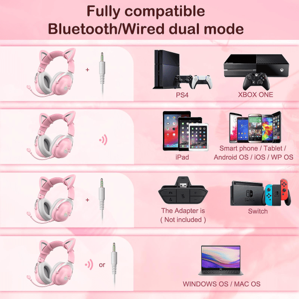 Colorful Lighting Cat Ears Bluetooth Headset - Lång batteritid, stabil överföring och bekvämt bärande pink