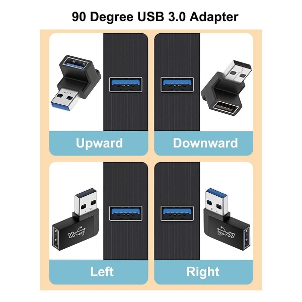 4 Pack USB 3.0 -sovitin pystysuuntainen ylös ja alas kulma, vaakasuora vasen ja oikea kulma USB uros naaraan
