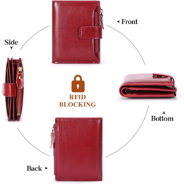 Naisten RFID-suojattu nahkainen kompakti bifold-vetoketjutaskullinen lompakko korttikotelo, jossa ID-ikkuna wine Red