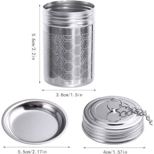 Te-infuser til løs te, te-si i rustfrit stål, te-blad-infuser, fintmasket te-filter med låg, kæde, krog og drypbakke