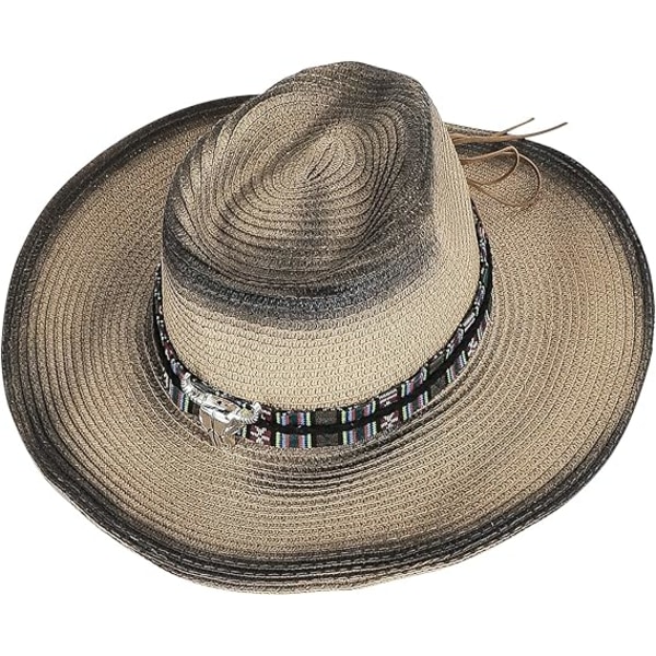 Unisex Halm Cowboy Hat med Hagebånd Bred Skygge Sommer Strand Rejse Sol Hat Cap Foldbar Halm Fedora Hat