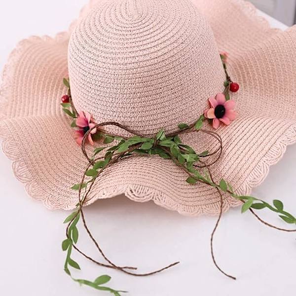 Dam Blommig Fällbar Floppy Bred Brätte Halm Solhatt Sommarhatt UPF 50+ Solskydd Hatt Strandmössa för Strandsemester Pink