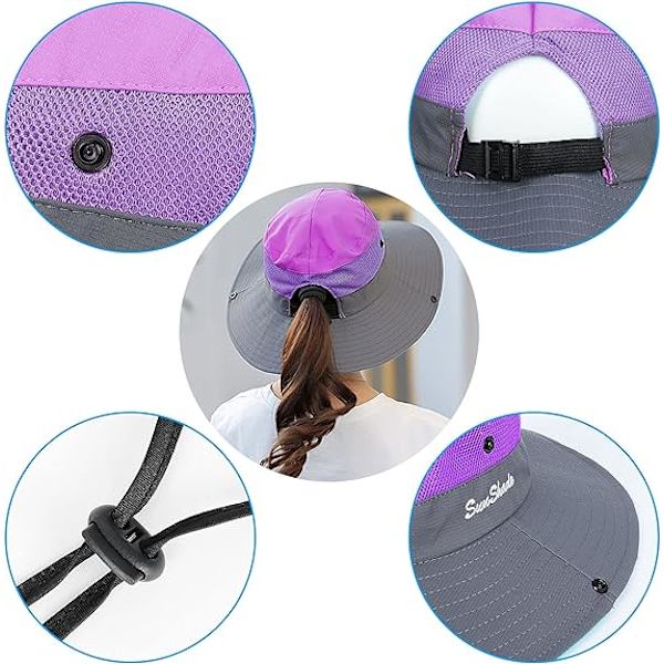 Dame Solhatte Bred Skygge UV Beskyttelse Mesh Foldbar Hestehale Spand Fiskeri Hat Strand Cap til Fiskeri Vandring Havearbejde Udendørs Purple