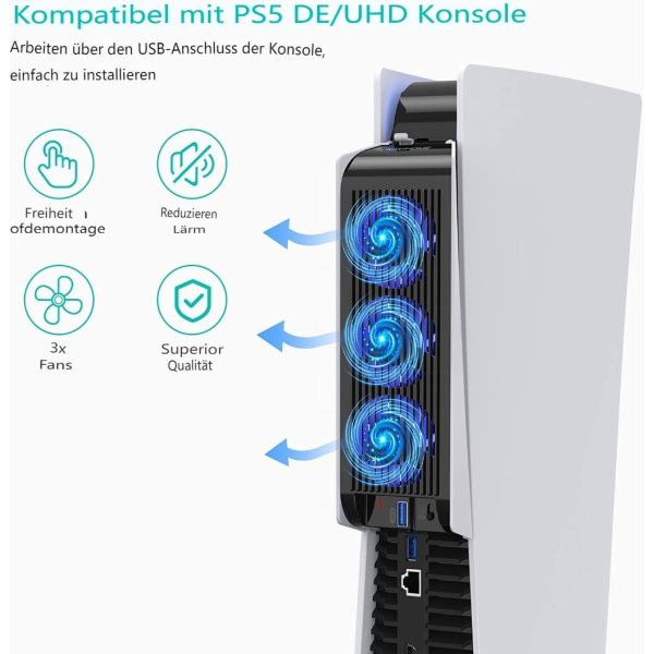 Køling til PS5-ventilator med LED-lys, opgraderet lydløs ventilator