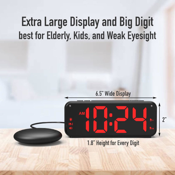 A5 Super Vibrerande Väckarklocka + Super Hög Alarmklocka, Lämplig för Tungsovande/Döva/Hörselskadade Personer, Super Stor Display Red