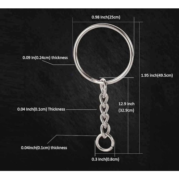 Set, 1 tums delade nyckelringsbågar (25 mm) med kedja + bygelringar, metallnyckelringskedjor, för hantverkstomsar Resin Art Attachment