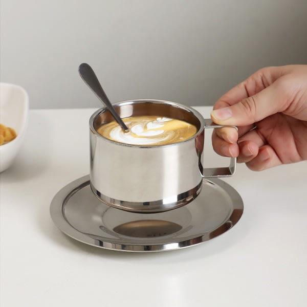 Kaffekop dobbeltlags varmebestandig kaffekopsæt rustfrit sølv A1 A1
