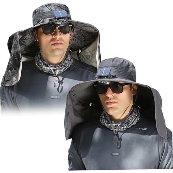 Solcelledrevet viftehatt, bredbremmet solhatt, fiskehatt med stropp for menn kvinner sommerstrand fotturer sport Dark Gray Ink