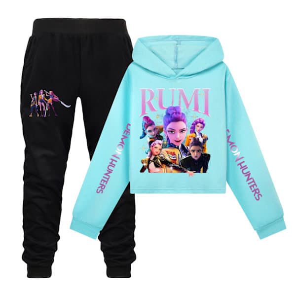 KPOP Demon Hunter Piger Cropped Sweatshirt & Shorts Sæt Set Sky Blue X 120cm