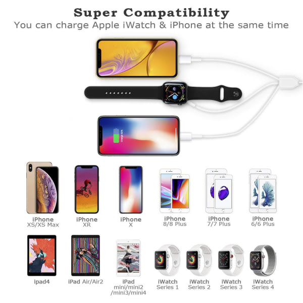 （vit）3-i-1-kabel for iPhone Airpods Apple Watch Last ned Trådløs USB-ladingsstasjon