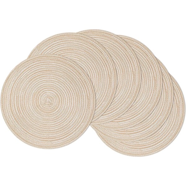 Pyöreät paikka-alustat, 6 kappaleen setti, punotut, pestävät pöytäalustat, pyöreät, lämmönkestävät pöytäalustat keittiöön ja ruokailuun Beige