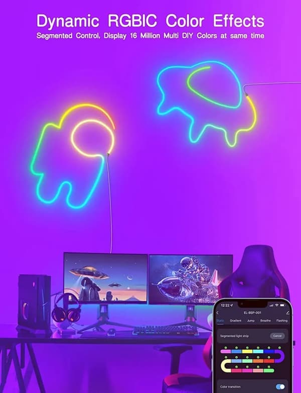 Neonstripe, WiFi App-kontroll, fargemusikksynkronisering, 16 millioner farger - 5M