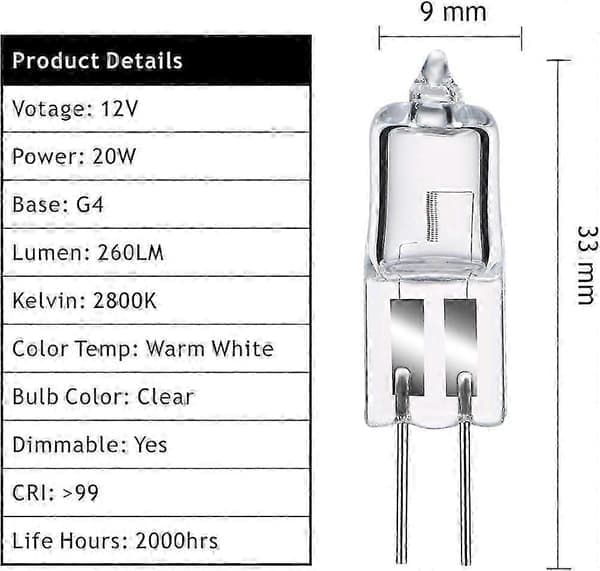 Halogenlampor G4 20W 12V, varmvit 2800K, dimbar transparent kapsel 10-pack