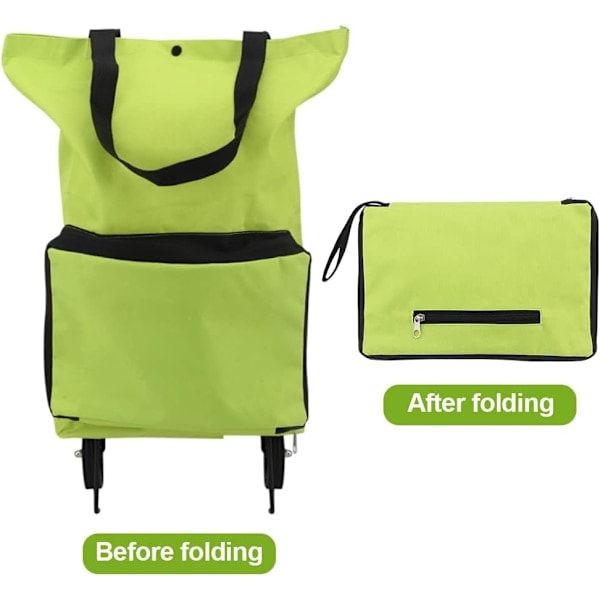 Foldbar indkøbsvogn, foldbar taske med gummihjul, foldbar trolley, Oxford-stofpose, genanvendelig til supermarked, kapacitet med hjul, grøn Green