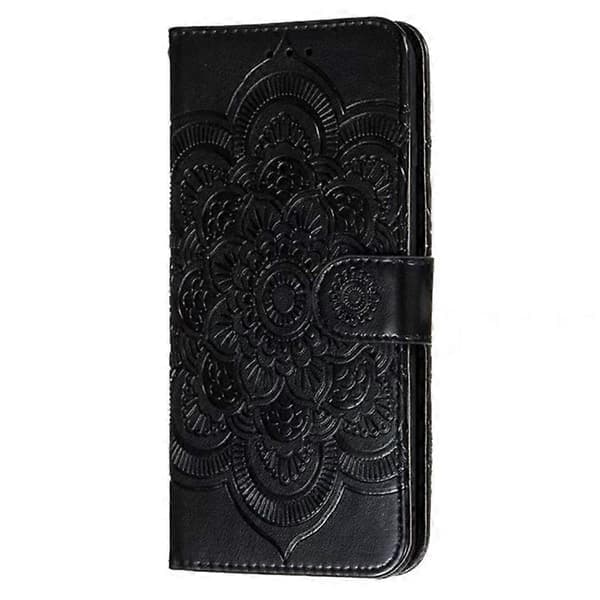 Kompatibelt iPhone 16 Cover PU Læder Mandala Præget Design Pung Cover [DB] Sort Sort
