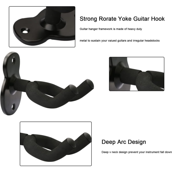 Pack Gitarrhållare Väggfäste Gitarrhängare, Gitarr Väggmonterad Display Fäste Krokar för elgitarr, klassisk akustisk gitarr, bas （svart）