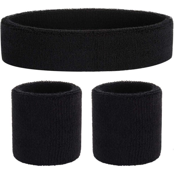 Sett med 3 svettebånd Sports pannebånd Håndled stripe svettebånd Frotté håndledsbånd Basketball håndled svettebånd og fukttransporterende pannebånd Black