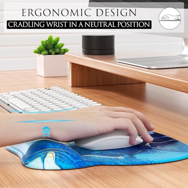 Ergonomisk musmatta med handledsstöd i memory foam, bekväm datormusmatta för bärbar dator, smärtlindrande handledsstöd blå vågor Blue Waves