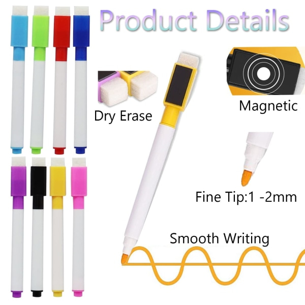 Whiteboard-penne - 8 farver magnetiske whiteboard-penne og viskelædersæt - Fine tip dry erase whiteboard-markerpenne til glatte overflader