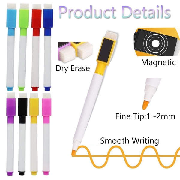 Whiteboard-pennor - 8 färger magnetiska whiteboard-pennor och radergummi Set-Fin spets Torrsudda Whiteboard-markörpennor för släta ytor