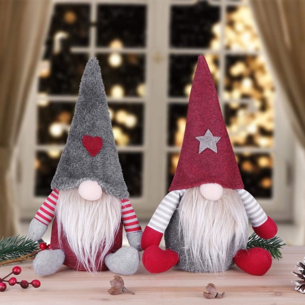 2 STK Julenisserdekorasjoner Håndlagde svenske Julenisser Ornamenter Rød og Grå Julealvedukke for hjemmeferie Innendørsdekor