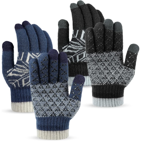 2 par vinterhandskar män kvinnor, yllestickade thermal varma handskar Antisladd pekskärmshandskar för cykling LöpningKlättringHikring,Svart och Blå