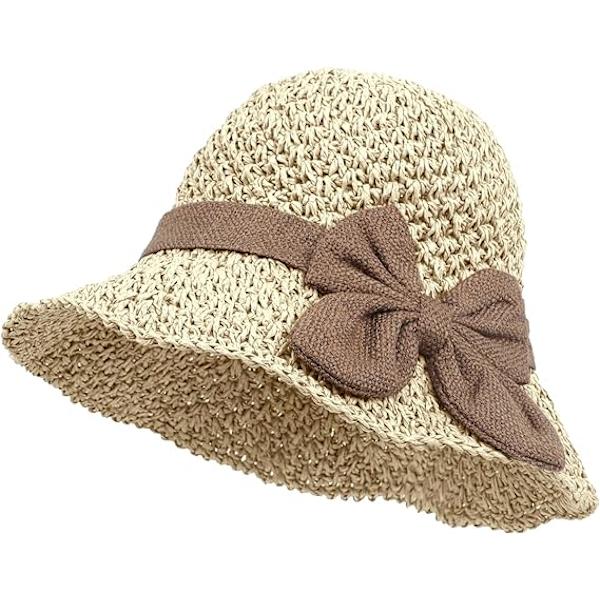 Kvinner Jenter Sløyfe Halm Floppy Hatter Anti-UV Solbeskyttelse Rull Opp Solhatter Fiske Reise Strandhatt Cap Topee Beige