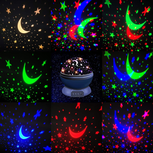 Natlys til børn, 360 roterende stjerne babynatlys med 4 lysdioder, 8 lystilstande og 2 opladningstilstande (blå)