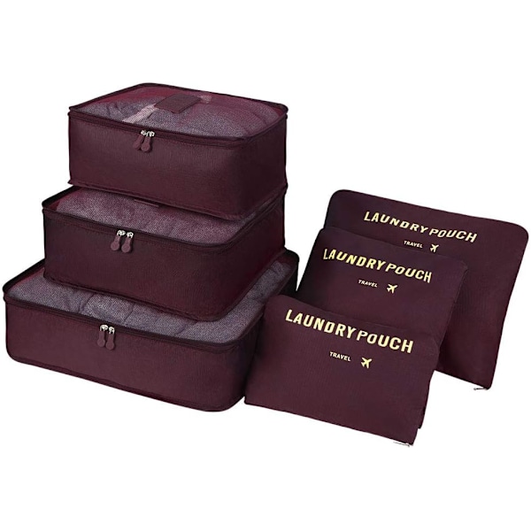 Resväska Organiser Packpåsar, 6 PCS Resväska Packkuber Set för Kläder Resväskor Organisatörer Förvaringsväskor Wine Red