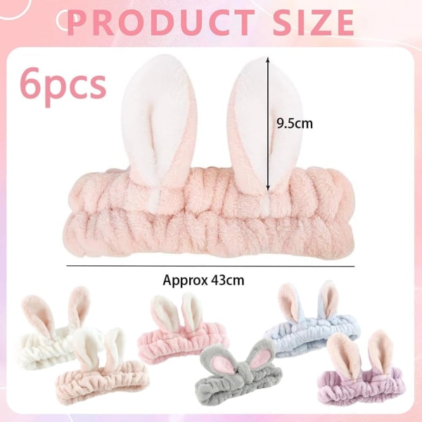 Hårbånd med kaninører, 6 stk. Spa-hårbånd for ansiktsbehandling, sminke, spa, kaninører, korallfleece, mykt, elastisk hårbånd
