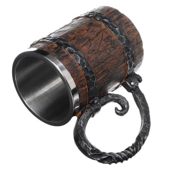 UNIQUE V 600 ml mugg, imitation av råträ, stor dubbelväggig isolerad dricksmugg, vinmugg, metallmugg