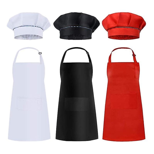 6 stk Børneforklæder og hattesæt Børn kokkeforklæder til madlavning Bageforklæder Hvid + Sort + Rød