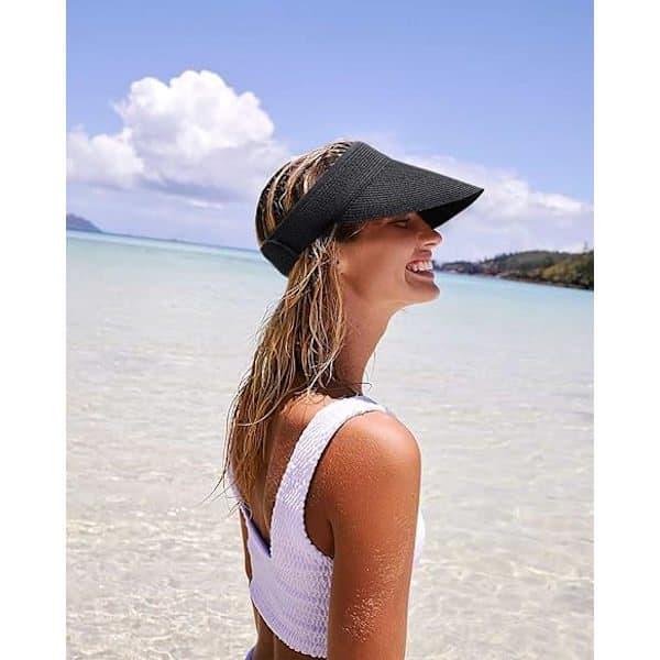 Dame Solhat med Bred Skygge, UV-beskyttelse, Sammenfoldelig Strandhat med Hestehaleåbning, Sommer Udendørs Rejsevisir Sort black