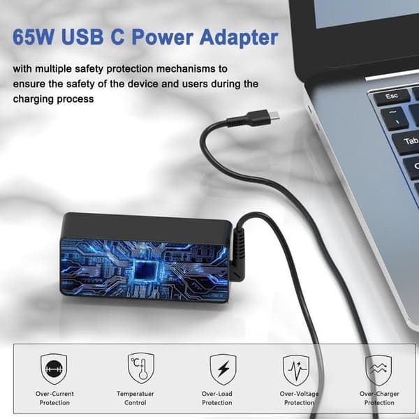65W USB-C bærbar lader, erstatnings-USB-C-strømforsyning for Lenovo Thinkpad/Yoga/Chromebook, ADLX65YDC2A