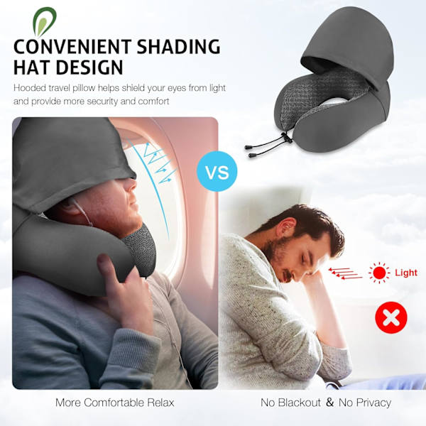 Reisepute for nakke minneskum, hette reise nakkepute for voksne, komfortabel nakkepute for reise med hettegenser Dark gray