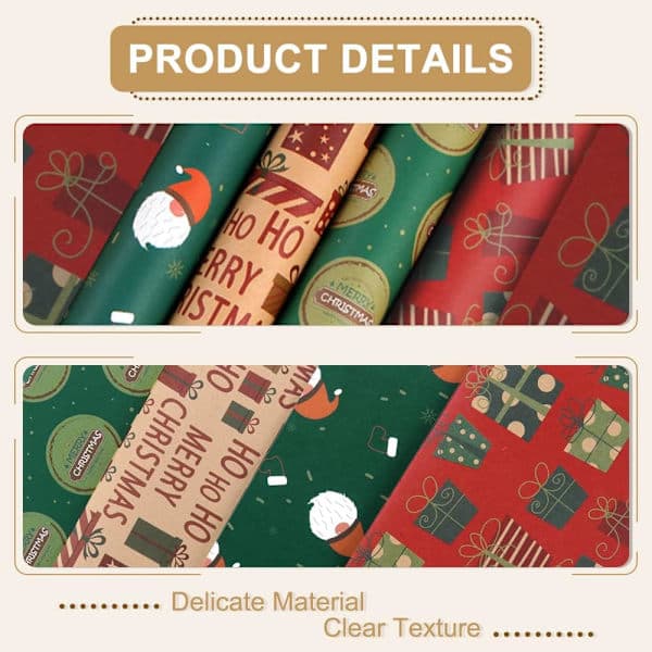 Julklappspapper, 4 st Födelsedagspapper Återvinningsbart Presentpapper med 2 Rep, 1 Dubbelhäftande Tejp, Brunt Julklappspapper