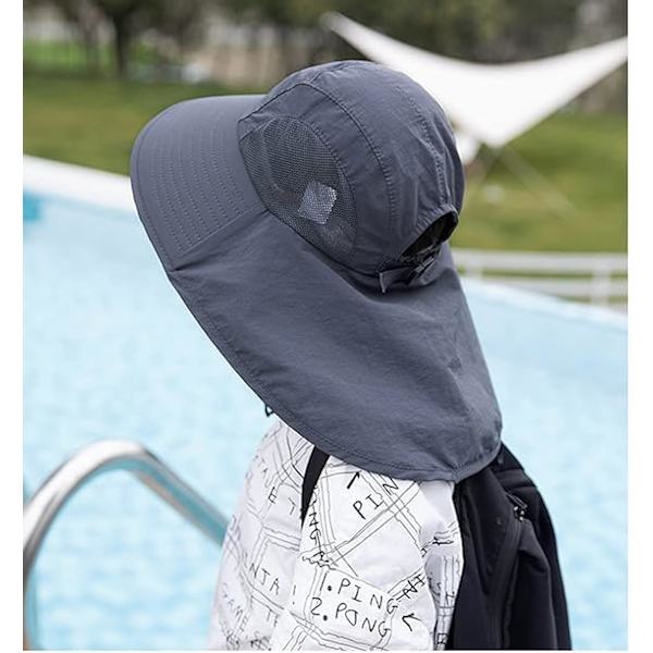 Barn Bred Solhatt med Nackskydd 4-13 År Flickor Solhatt Pojkar Mesh Cool Hat Anti UV Kep Dark Grey