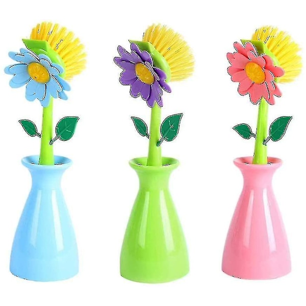 3-pack Köksborstar, Söta Blomformade Diskborstar med Långt Handtag, Blå+grön+rosa