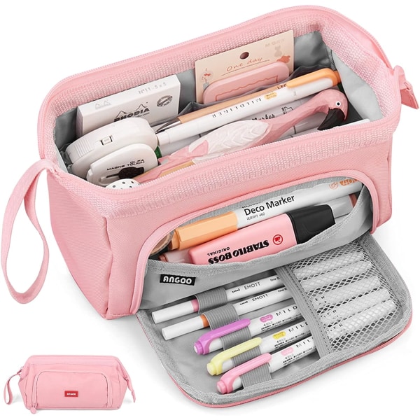 Suuri kynäkotelo, erittäin suuri kynäkotelo, sileä ja kestävä vetoketju, koulukynäkotelo, paperitavaroiden säilytyslaatikko, kestävä, sopii tytöille ja pojille Pink