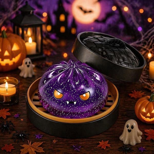 Halloween Lysende Langsomt Stigende Dumpling Legetøj – Halloween Spøgelses Dumpling Stressaflastende Legetøj med Damperkurv (Lilla)