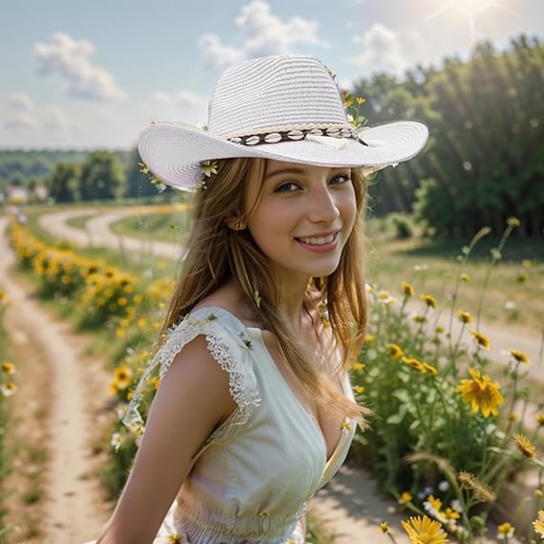 Naisten kesähattu oljista, leveälierinen cowboy-hattu, aurinkosuojat, rantahattu, olkihattu kuorikuvioisella nauhalla