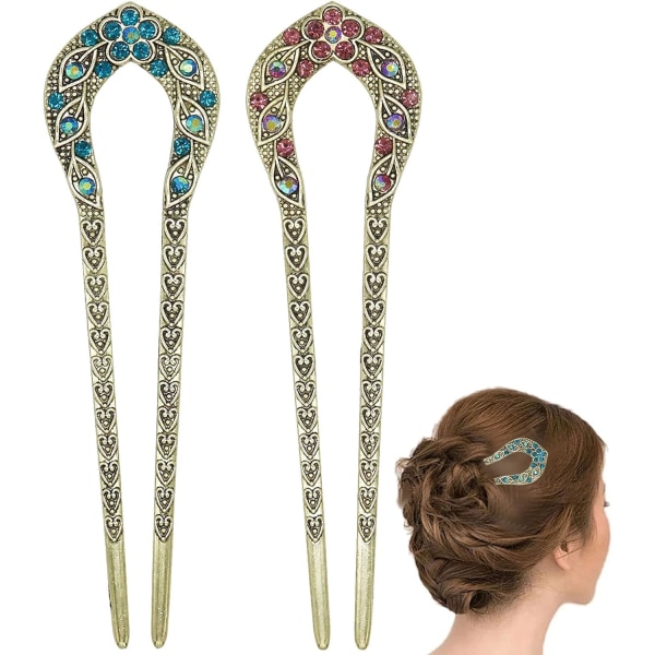 2 st Vintage Hair Stick, Crystal Rhinestone Double Prong Hair Pin Stick Frisyr Chignon Hårnål