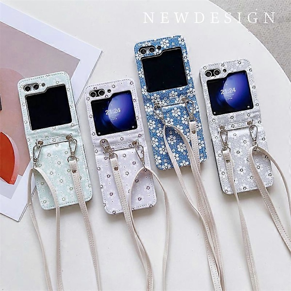 Til Samsung Galaxy Z Flip 6 etui, justerbar skrå rem etui, stilfuldt lille blomster telefon etui, foldbart etui gray