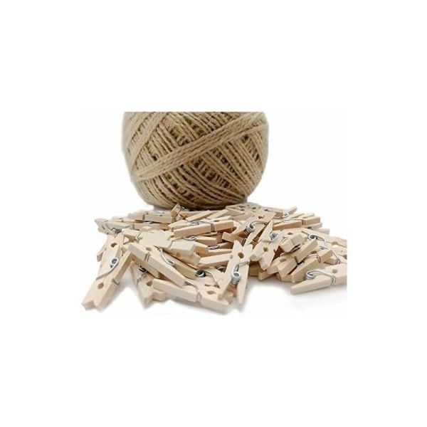 60 mini træpinde + 100 m snor, minipinde til gør-det-selv-dekoration, dekorative mini-tøjklemme i træ, små tøjklemmer til håndværk, bryllup