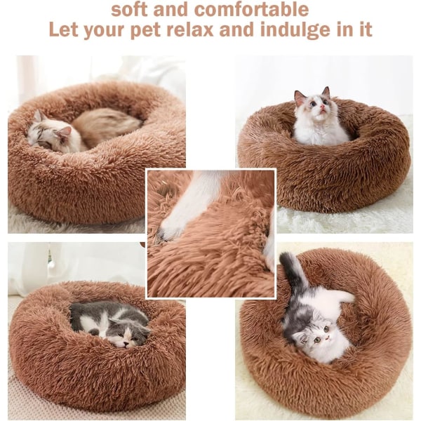 Calming Dog Cat Donut Bed - 19,7 tommer fluffy plys hvalpe killing cuddler rund seng, varm og blød kæledyr Hyggelige anti-angst senge med skridsikker bund
