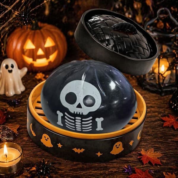 Halloween Lysende Langsomt Stigende Dumpling Legetøj, Spøgelse Langsomt Stigende Dumpling, Halloween Legetøj, Stressaflastende Bold til Voksne med Damperkurv, Sort